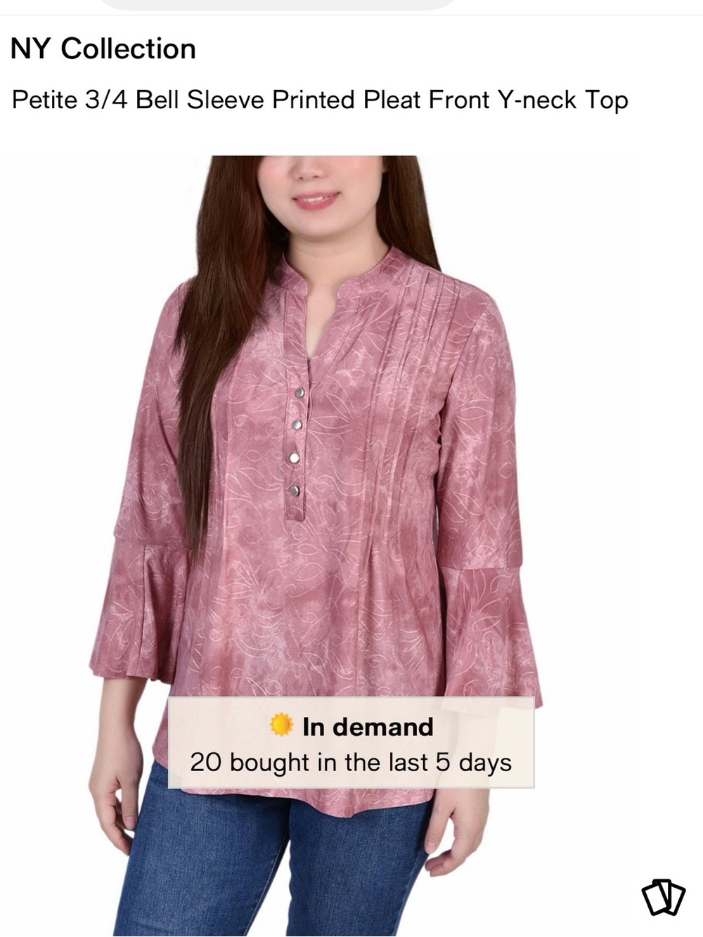 NY Collection Dusty Rose Printed 3/4 Bell Sleeve Y-Neck Top